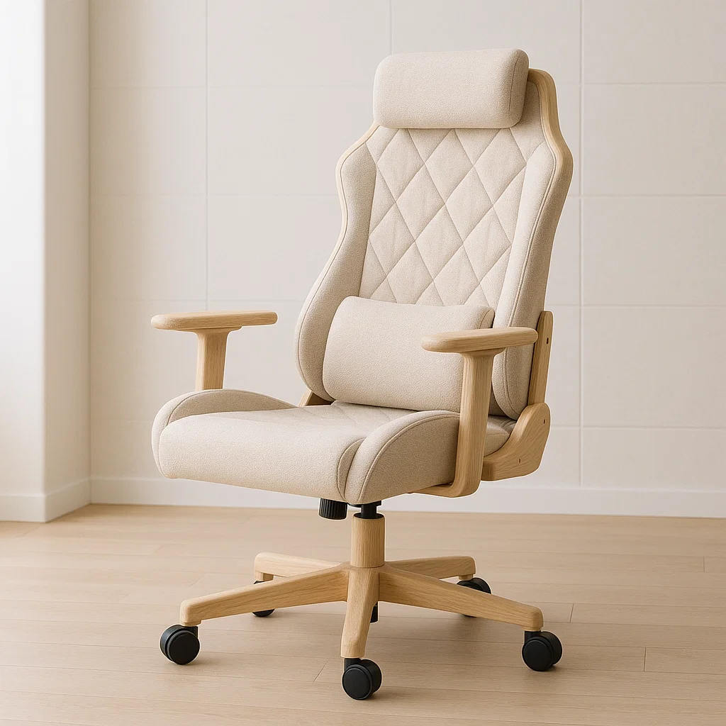 Ergonomischer Bürostuhl mit Baumwollbezug und Holzrahmen, Höhenverstellbar, Beige-NESTELUNOA