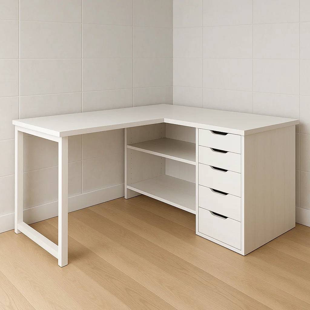 Eckschreibtisch mit Regalen und Schubladen Holz Weiß-NESTELUNOA