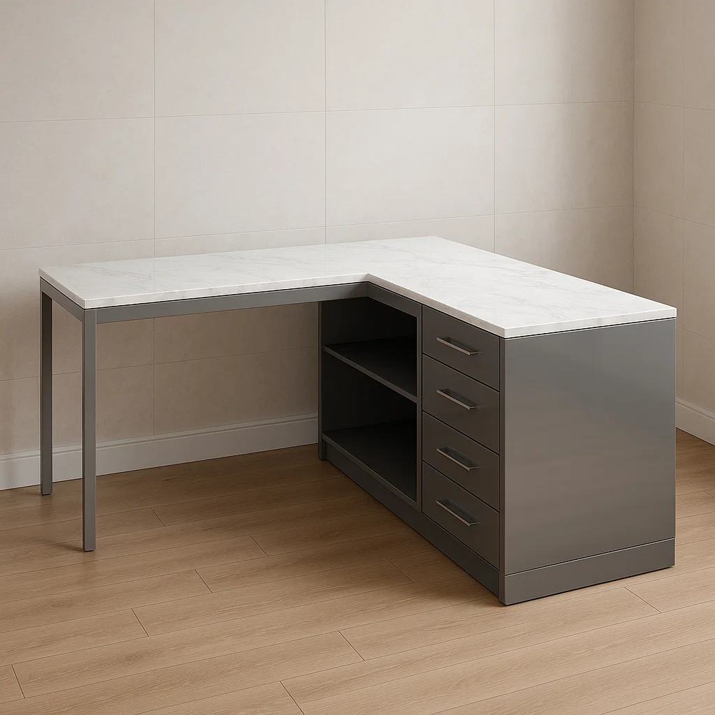 Eckschreibtisch mit Marmoroptik und Metall, Grau-NESTELUNOA