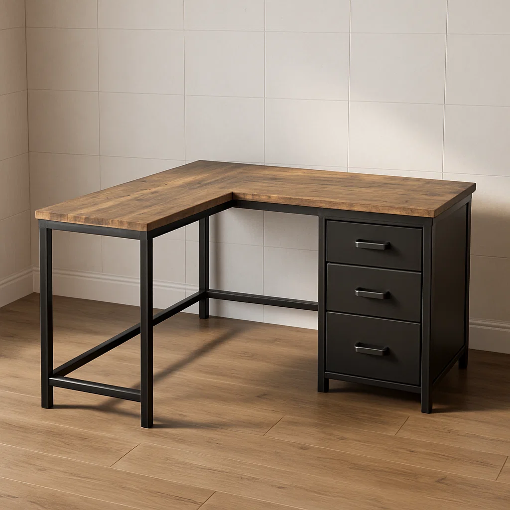 Eckschreibtisch mit Schubladen MDF Holzfurnier Stahlrahmen 150cm x 120cm x 75cm-NESTELUNOA