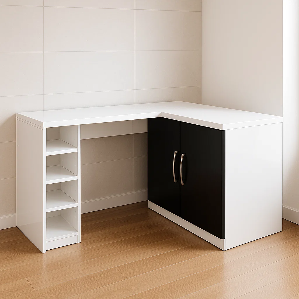 Eckschreibtisch MDF Weiß Schwarz mit Regalen 150x120x75 cm-NESTELUNOA