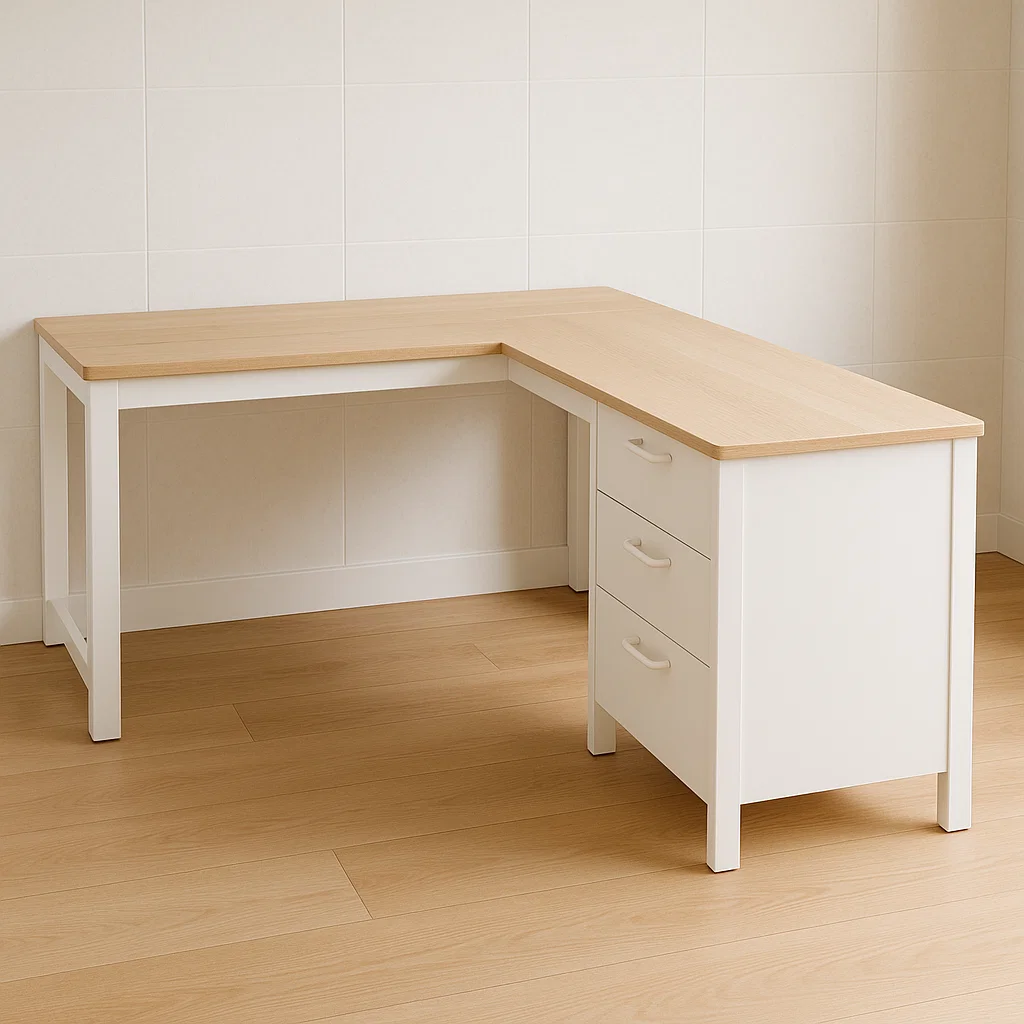 L-förmiger Schreibtisch mit Holzfurnier und MDF, Weiß/Buche-NESTELUNOA