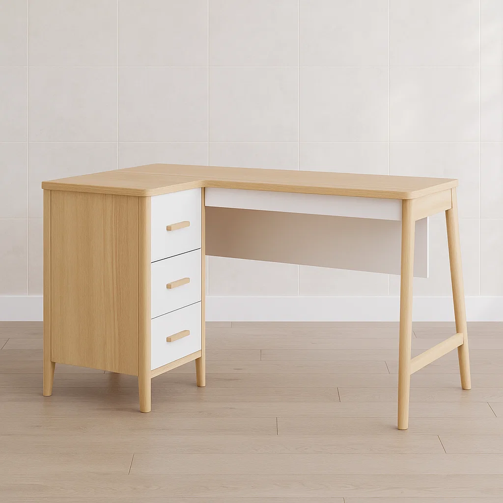 Eckschreibtisch Holz Eiche/Weiß mit Schubladen-NESTELUNOA