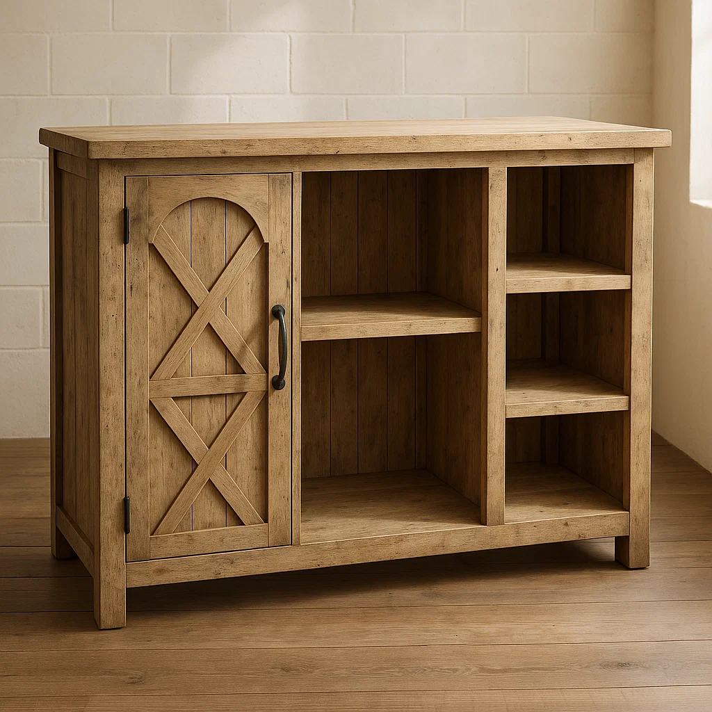 Rustikales Sideboard aus Eichenholz mit Tür und Regalen 90x100x40cm-NESTELUNOA