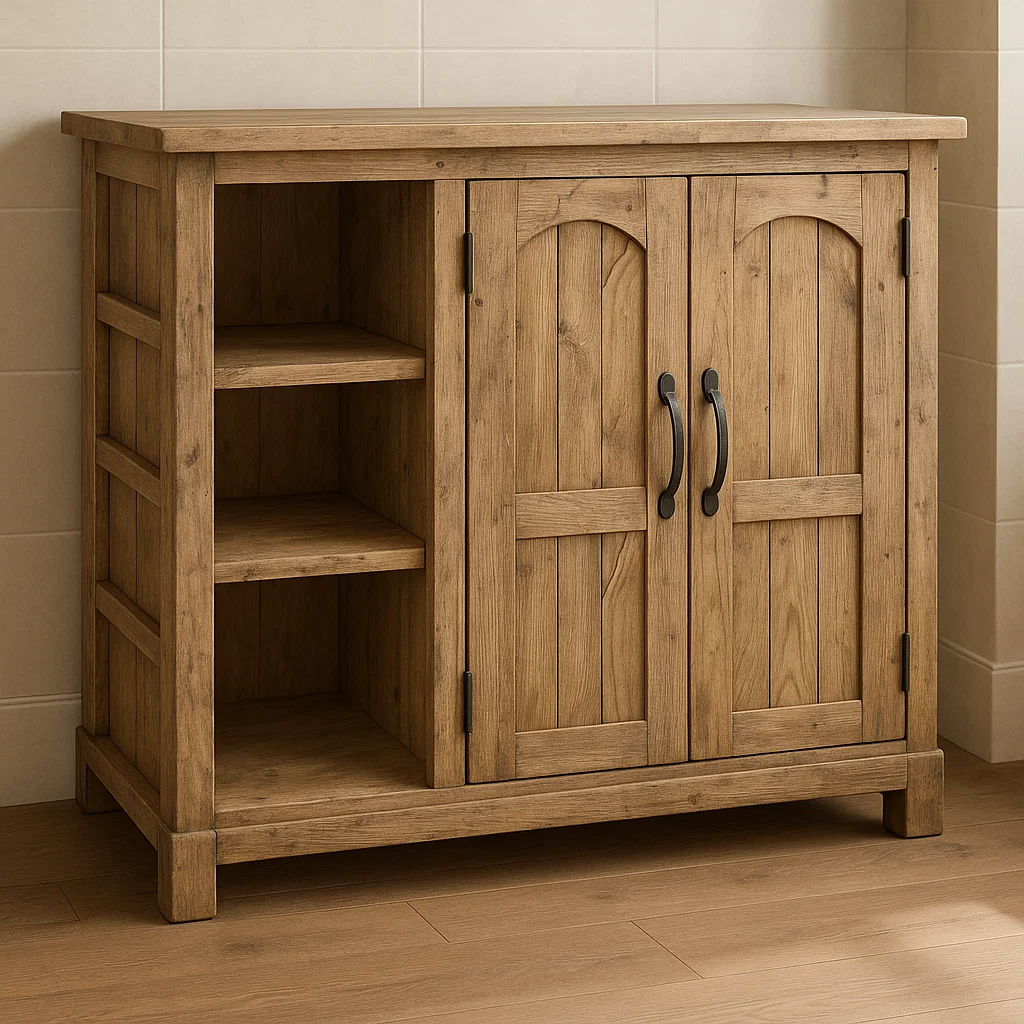 Massivholz Kommode mit Regalen und Doppeltüren Natur 90x40x80cm-NESTELUNOA