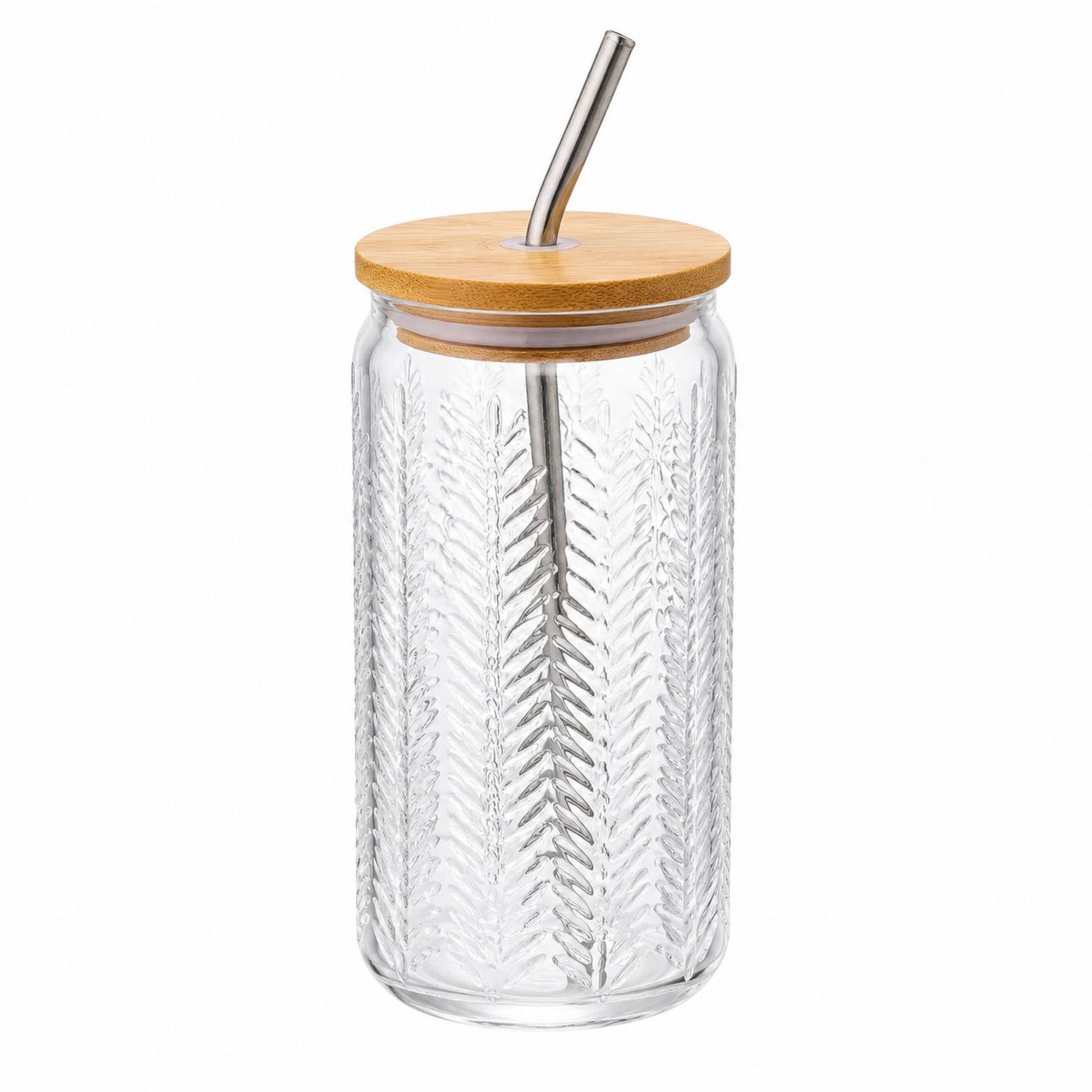 Vaso de vidrio con relieve y tapa de bambú 500ml