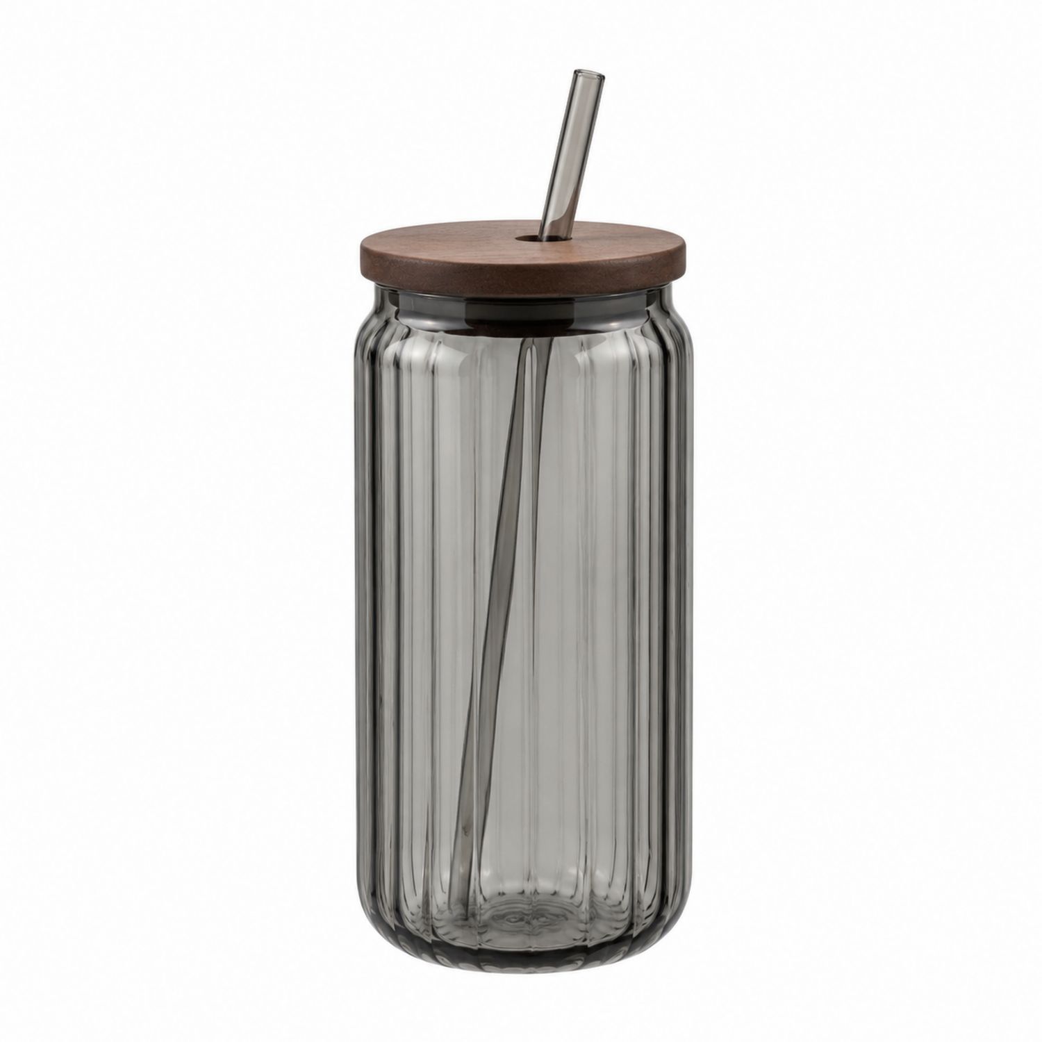 Vaso de Vidrio Estriado con Tapa de Madera y Paja - Gris 500ml