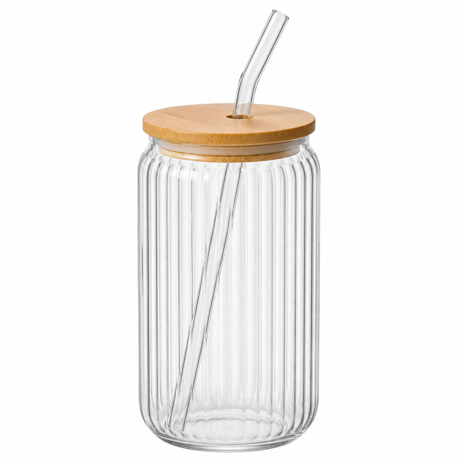Vaso de vidrio acanalado con tapa de bambú y pajita de vidrio