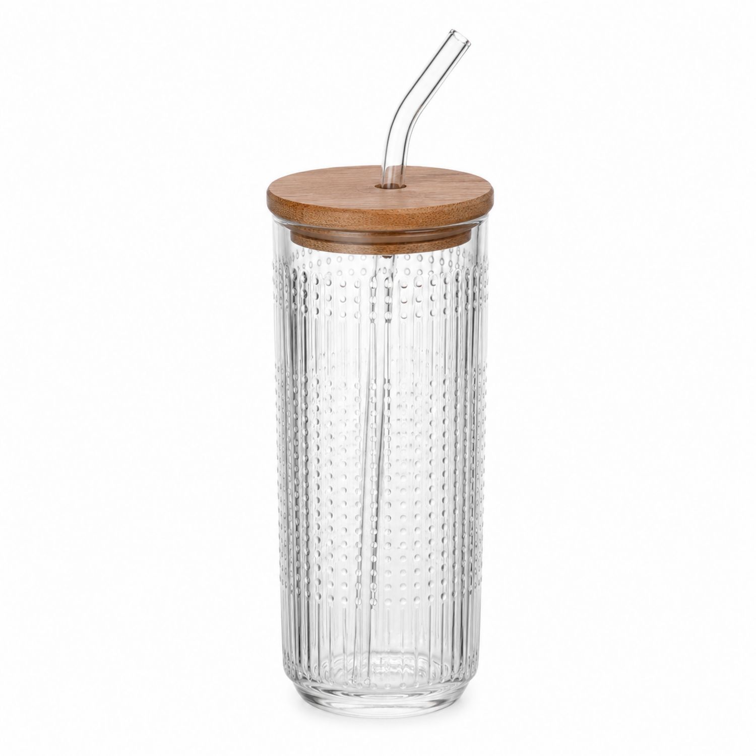 Vaso de Cristal con Tapa de Madera y Pajita de Vidrio 500ml Transparente