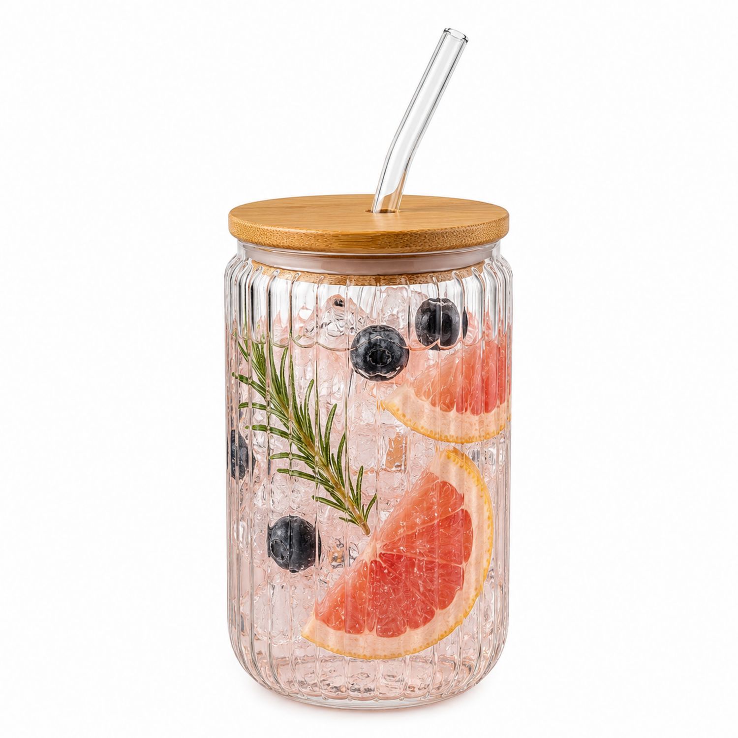 Tarro de Vidrio Estriado 500ml con Tapa de Bambú y Pajita de Vidrio