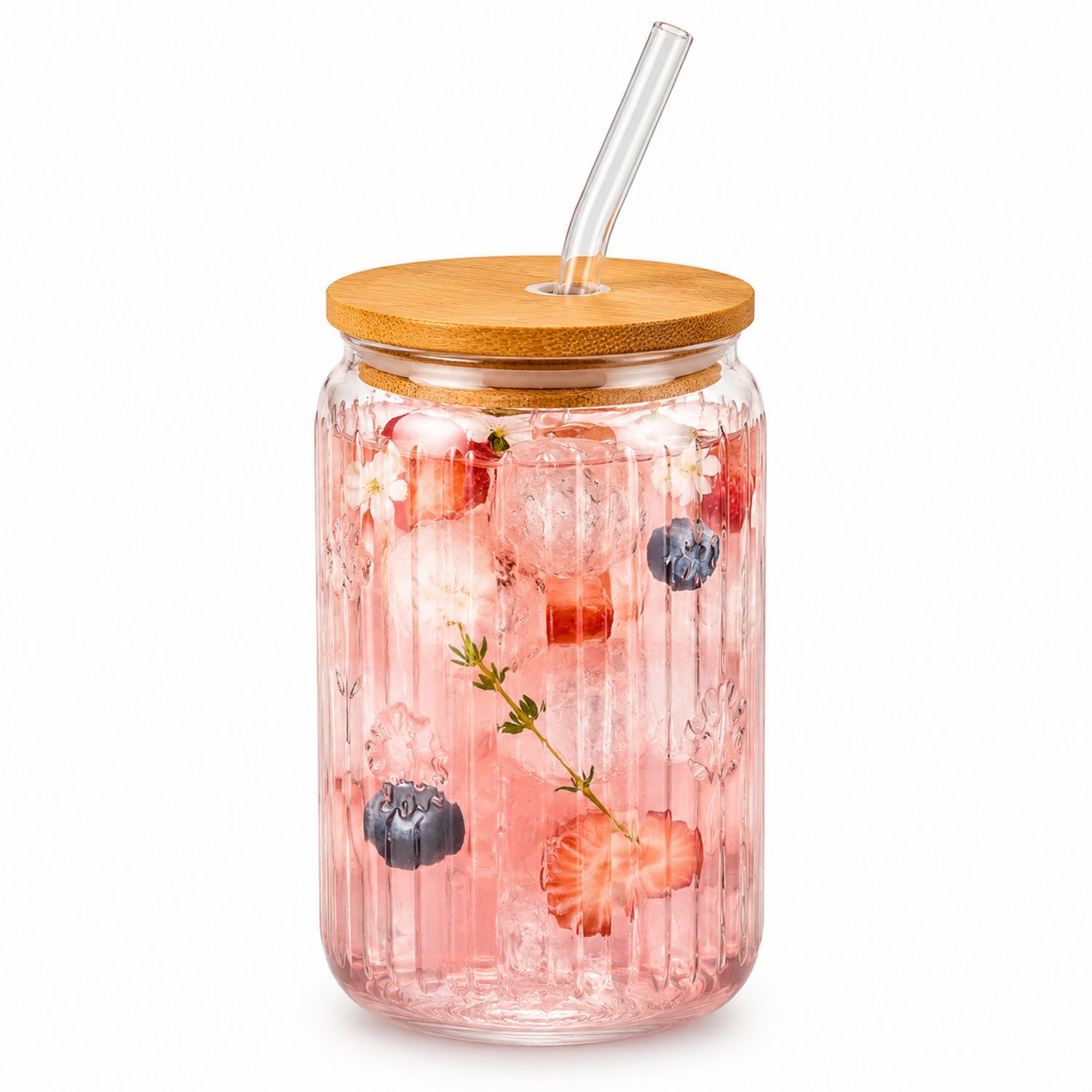 Vaso de Cristal con Tapa de Bambú y Pajita Transparente