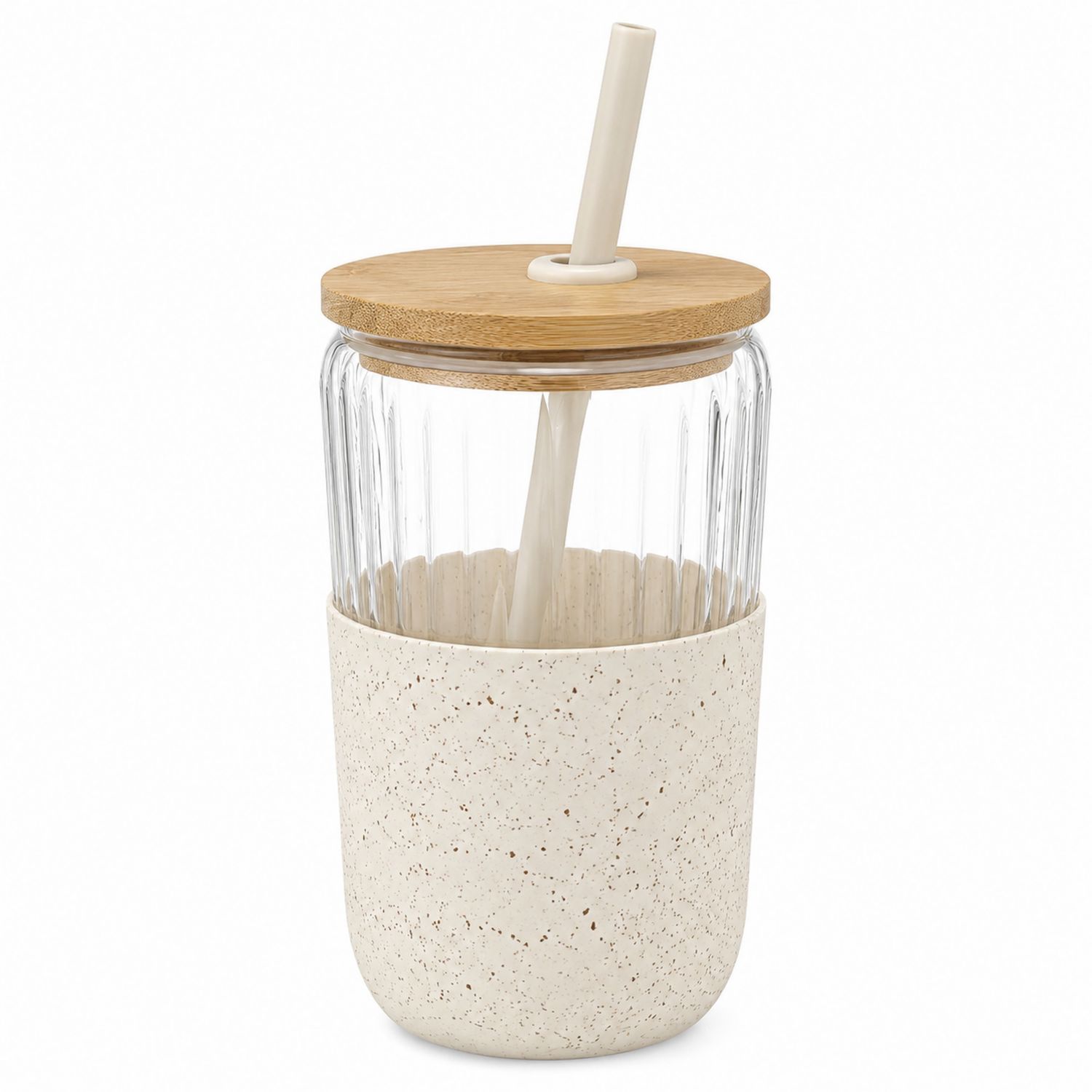 Vaso de Vidrio con Tapa de Bambú y Pajita 450ml Natural