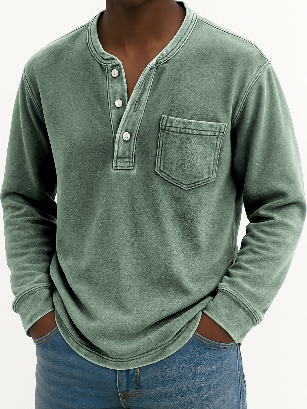 Herren Vintage Abgenutztes Taschen Freizeit Langarm Henley Shirt
