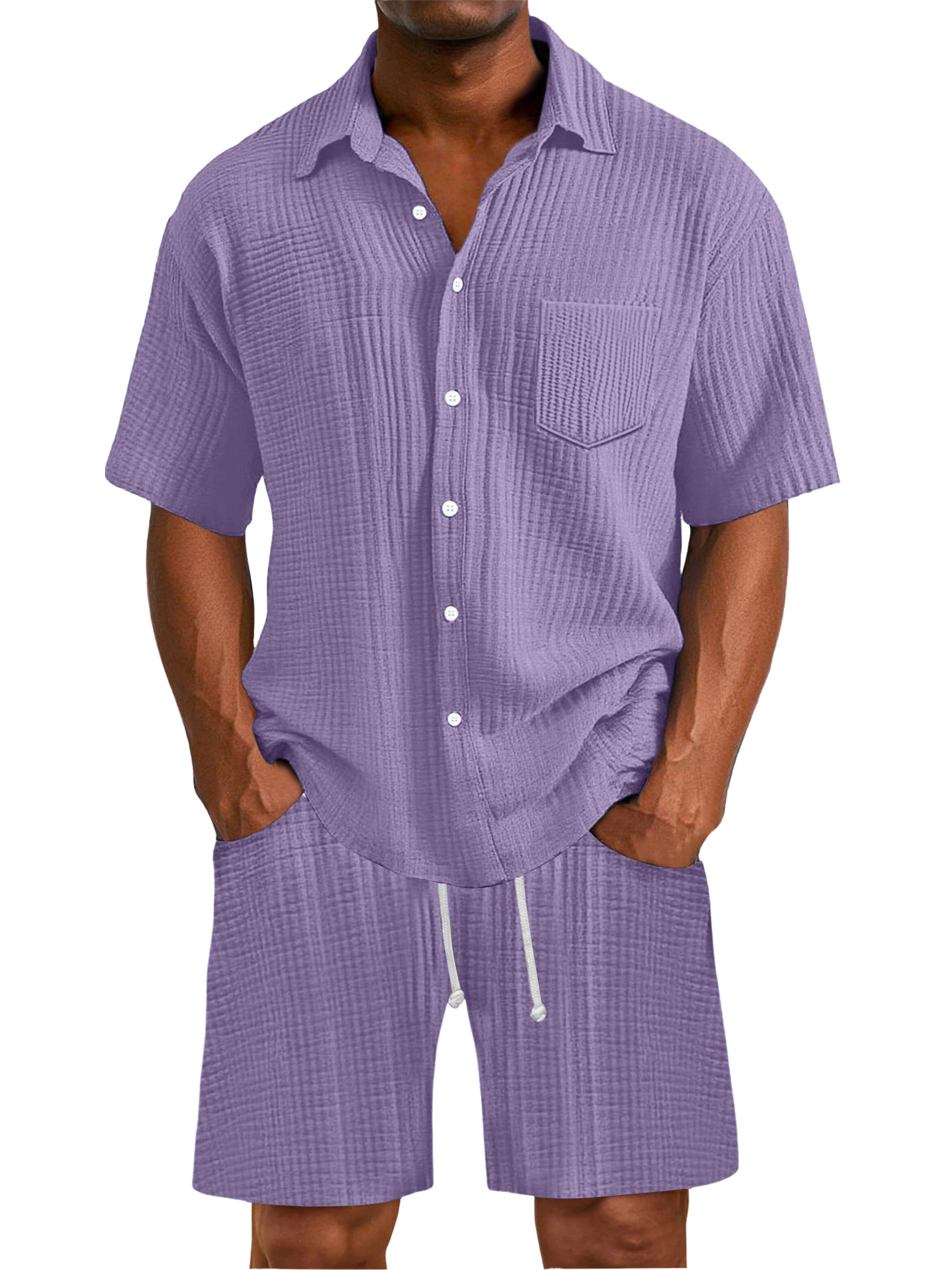 Herren Daily Faltenstruktur Taschenhemd Shorts Set