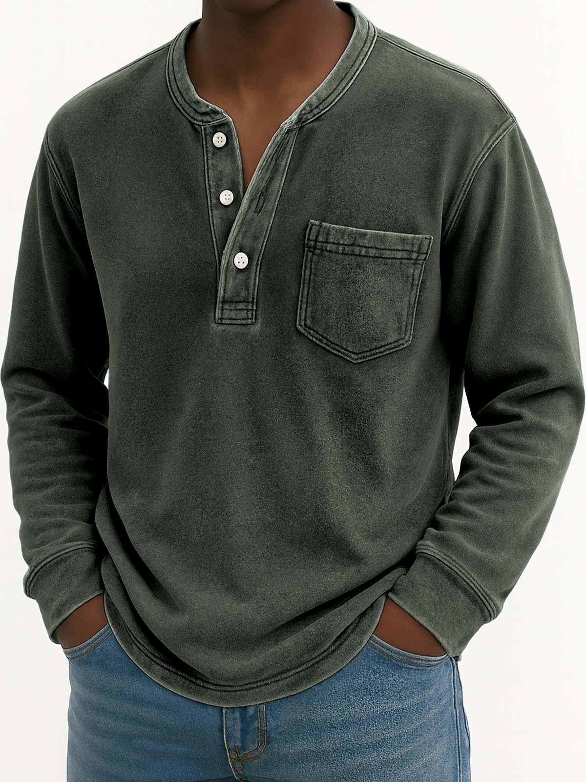 Herren Vintage Abgenutztes Taschen Freizeit Langarm Henley Shirt