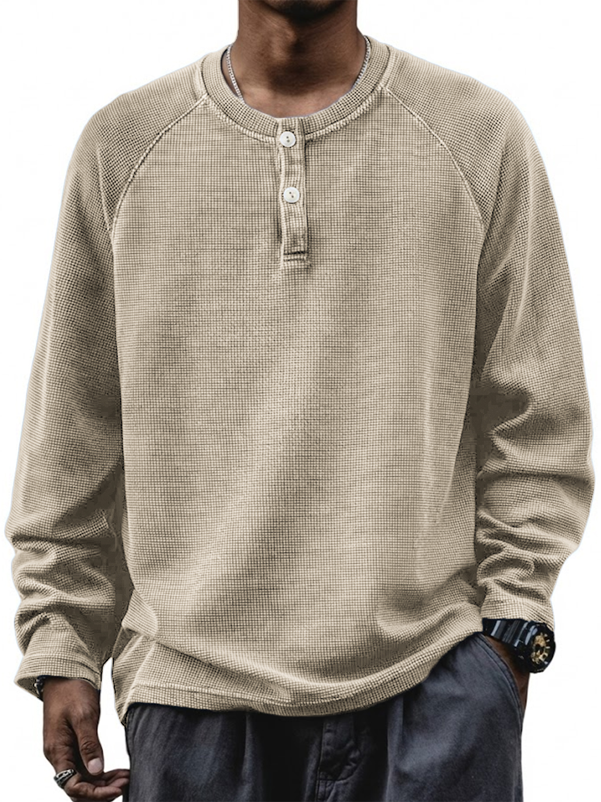 Herren Retro Waffel Raglan Lockere Pullover Langarm Henley Shirt