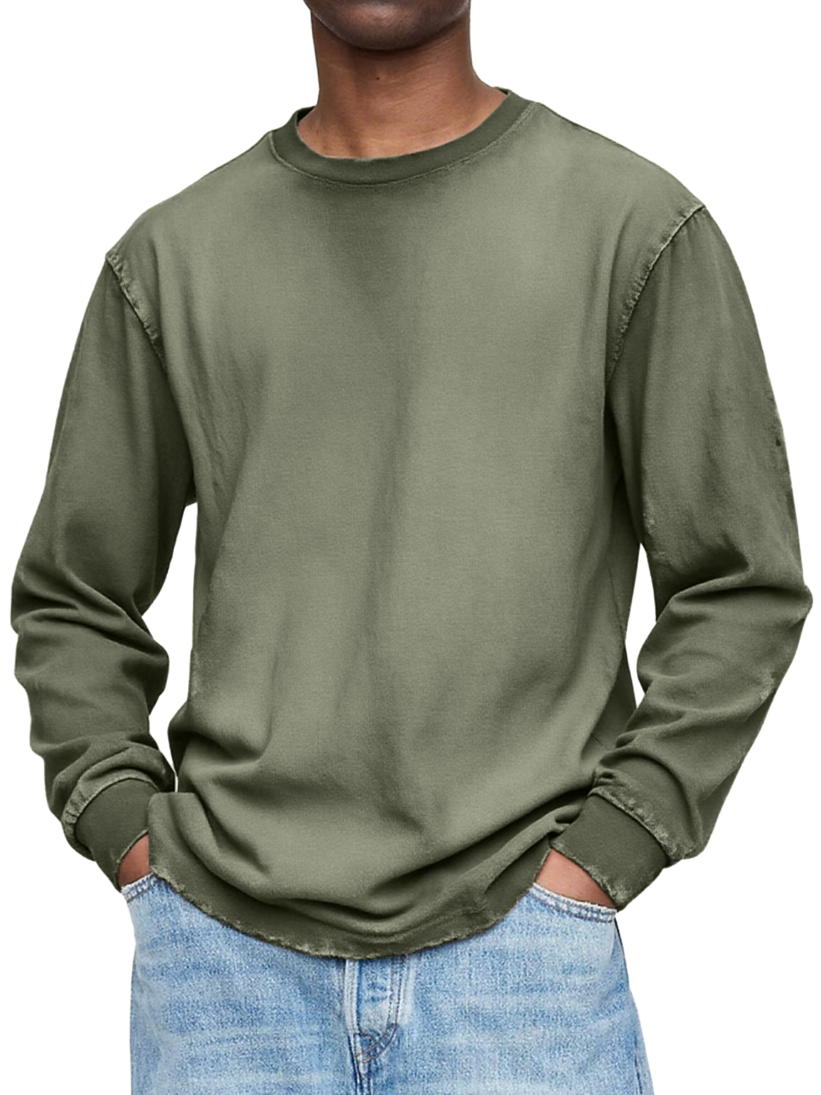 Herren Vintage gewaschen und distressed Baumwolle Rundhals Langarm T-Shirt