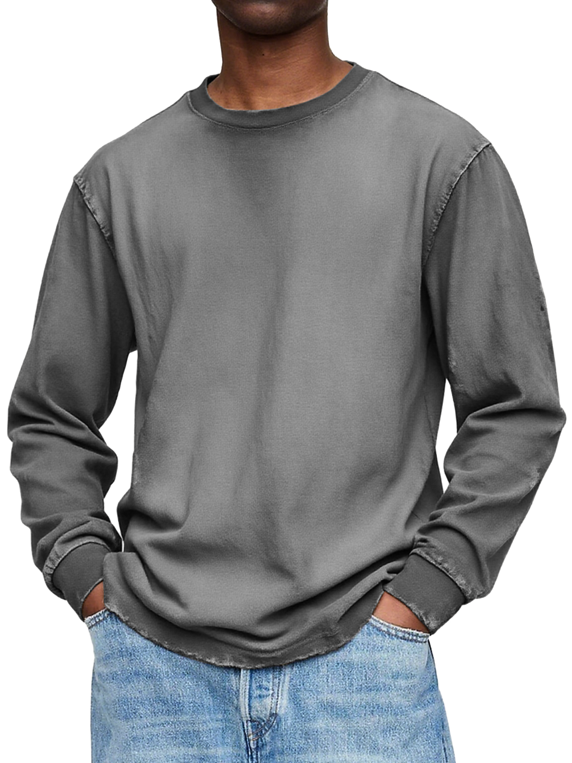 Herren Vintage gewaschen und distressed Baumwolle Rundhals Langarm T-Shirt