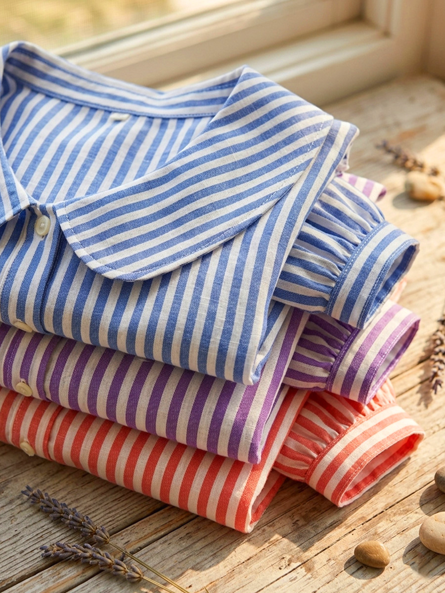 Retro gestreiftes Damenhemd mit Peter‑Pan‑Kragen aus Baumwolle und Leinen