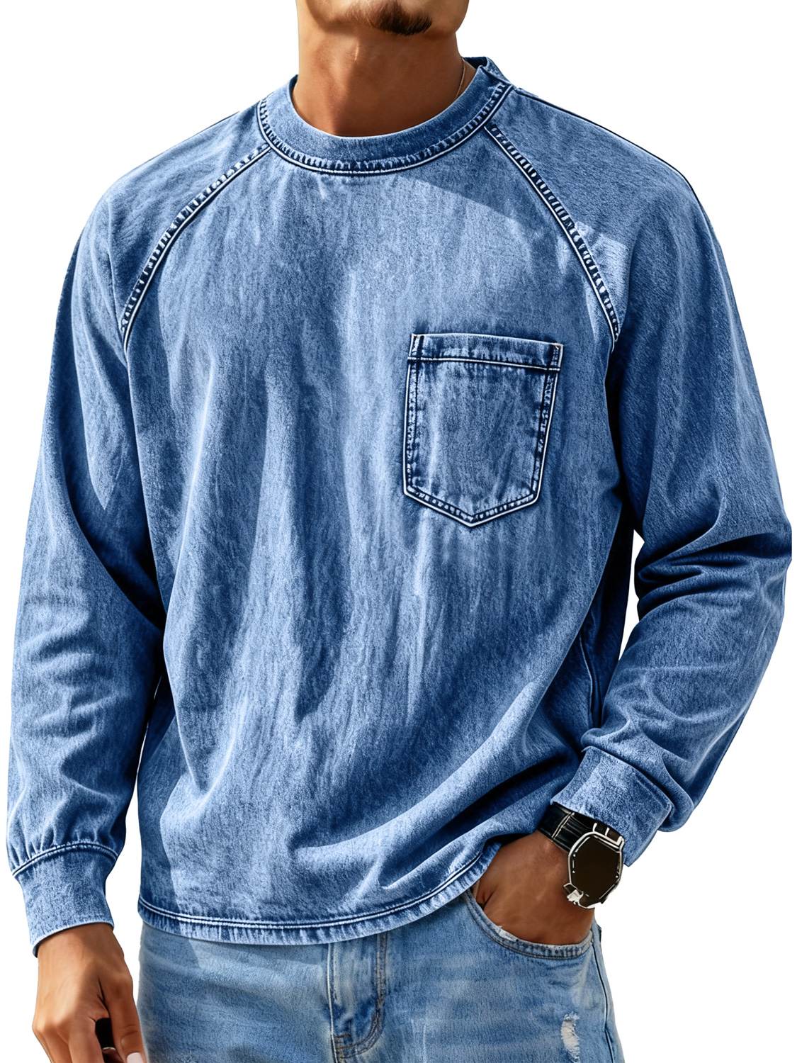 Herren Retro Rundhals Raglan Freizeit Tasche Langarm T-Shirt