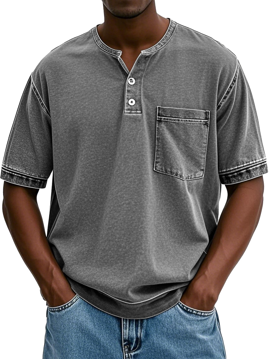 Herrenmode Vintage gewaschenes Taschen Kurzarm Henley-Shirt
