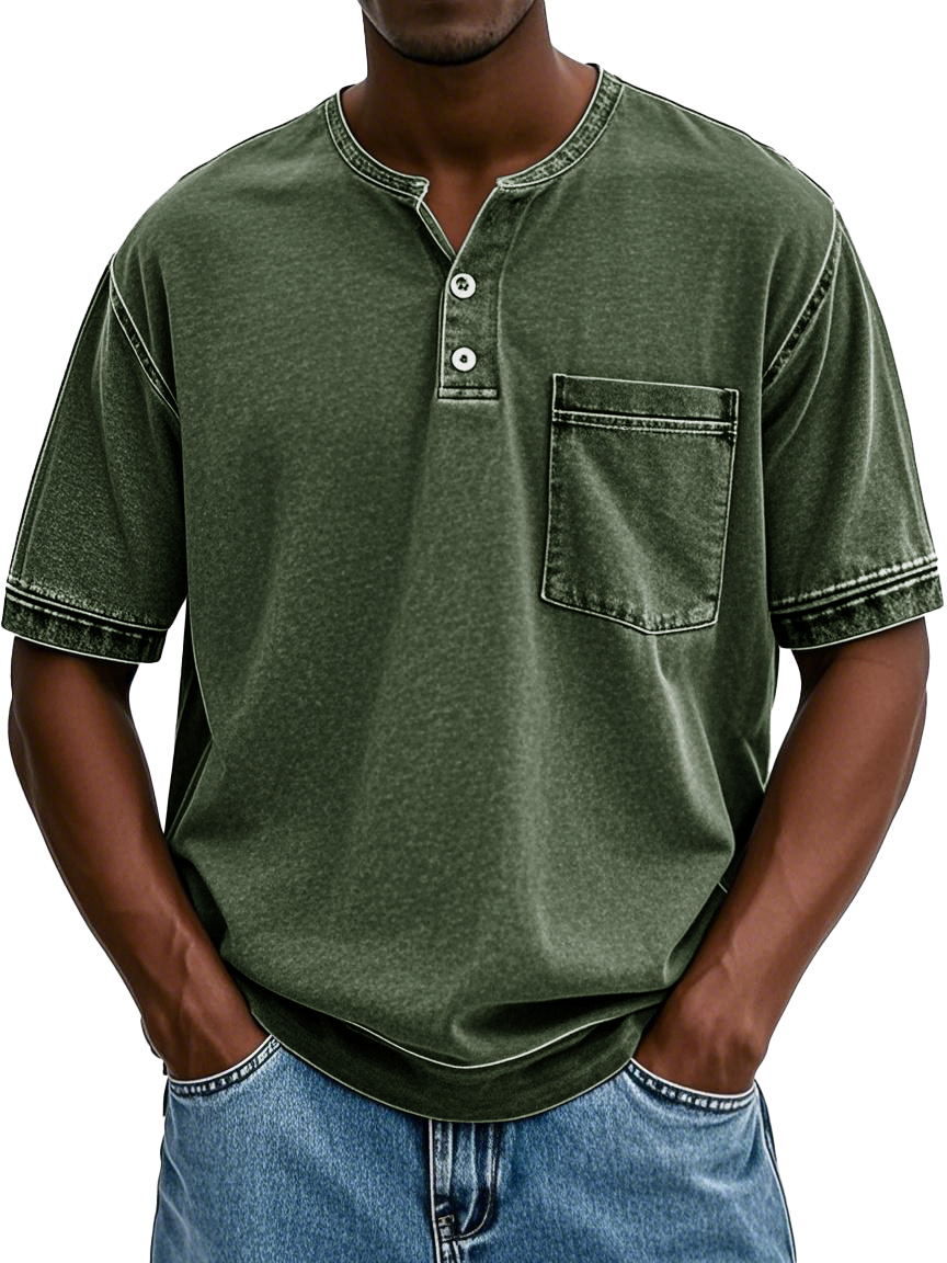 Herrenmode Vintage gewaschenes Taschen Kurzarm Henley-Shirt