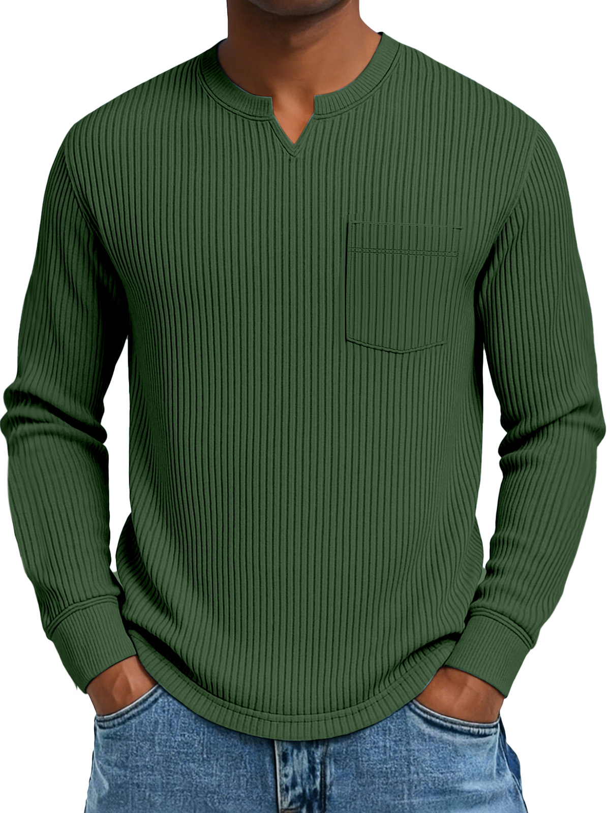 Herren Freizeit Einfarbig Tasche Vertikale Grube Kleine V-Ausschnitt Langarm T-Shirt