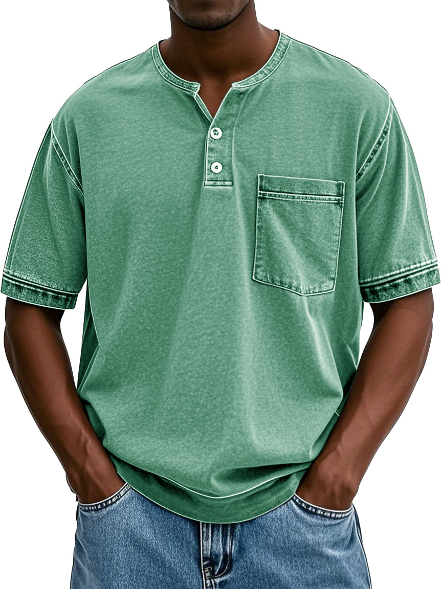 Herrenmode Vintage gewaschenes Taschen Kurzarm Henley-Shirt
