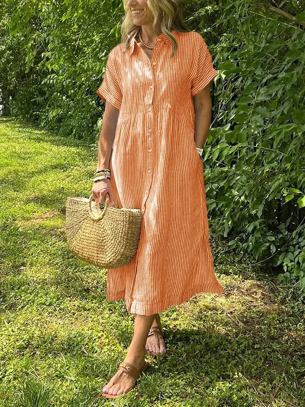 🔥 Gestreiftes Hemdblusenkleid mit Reverskragen und Knopfleiste | Mit praktischen Taschen