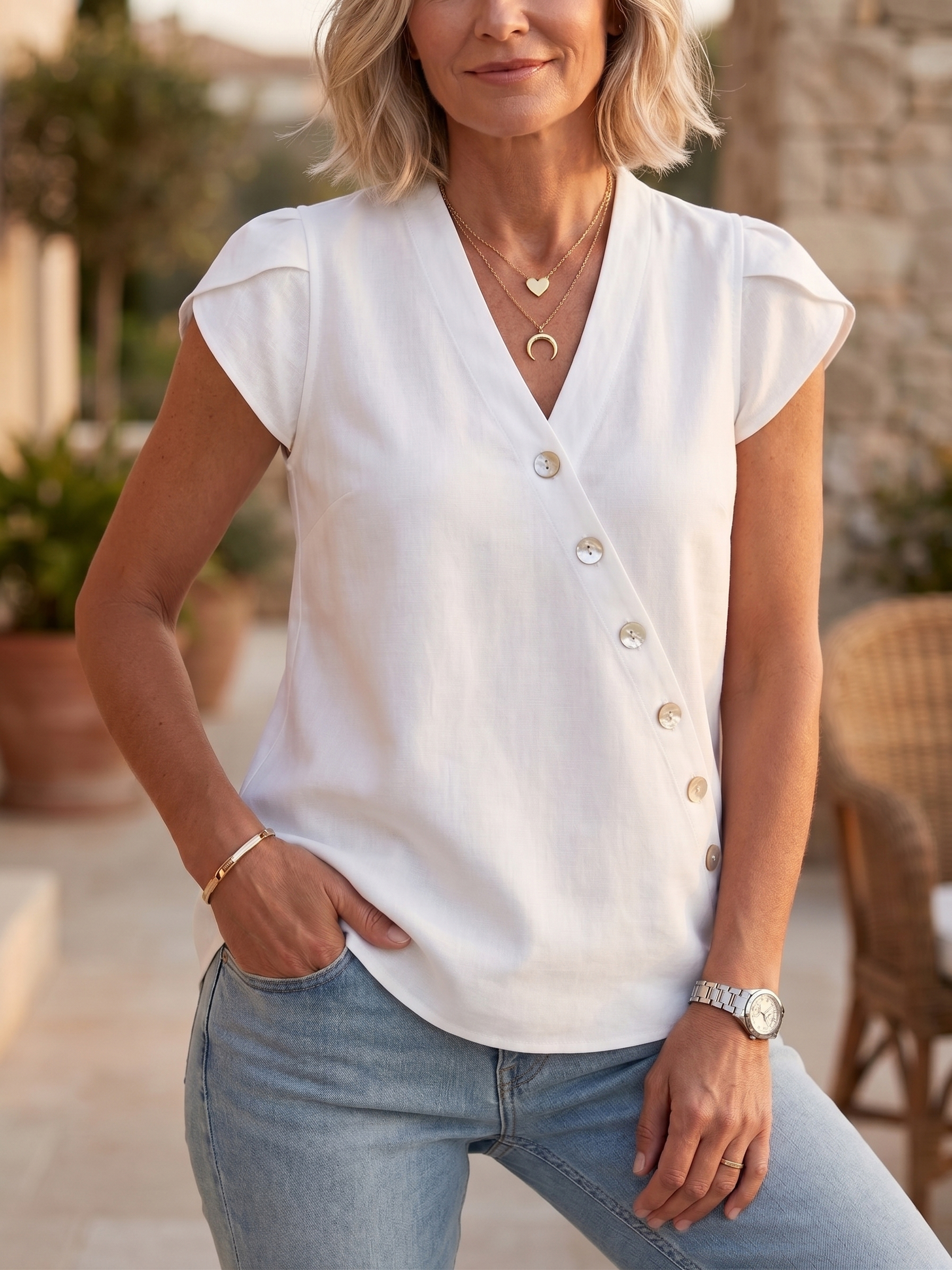 Summer Chic Asymmetric V-Neck Linen Top - Breathable Short Sleeve Blouse