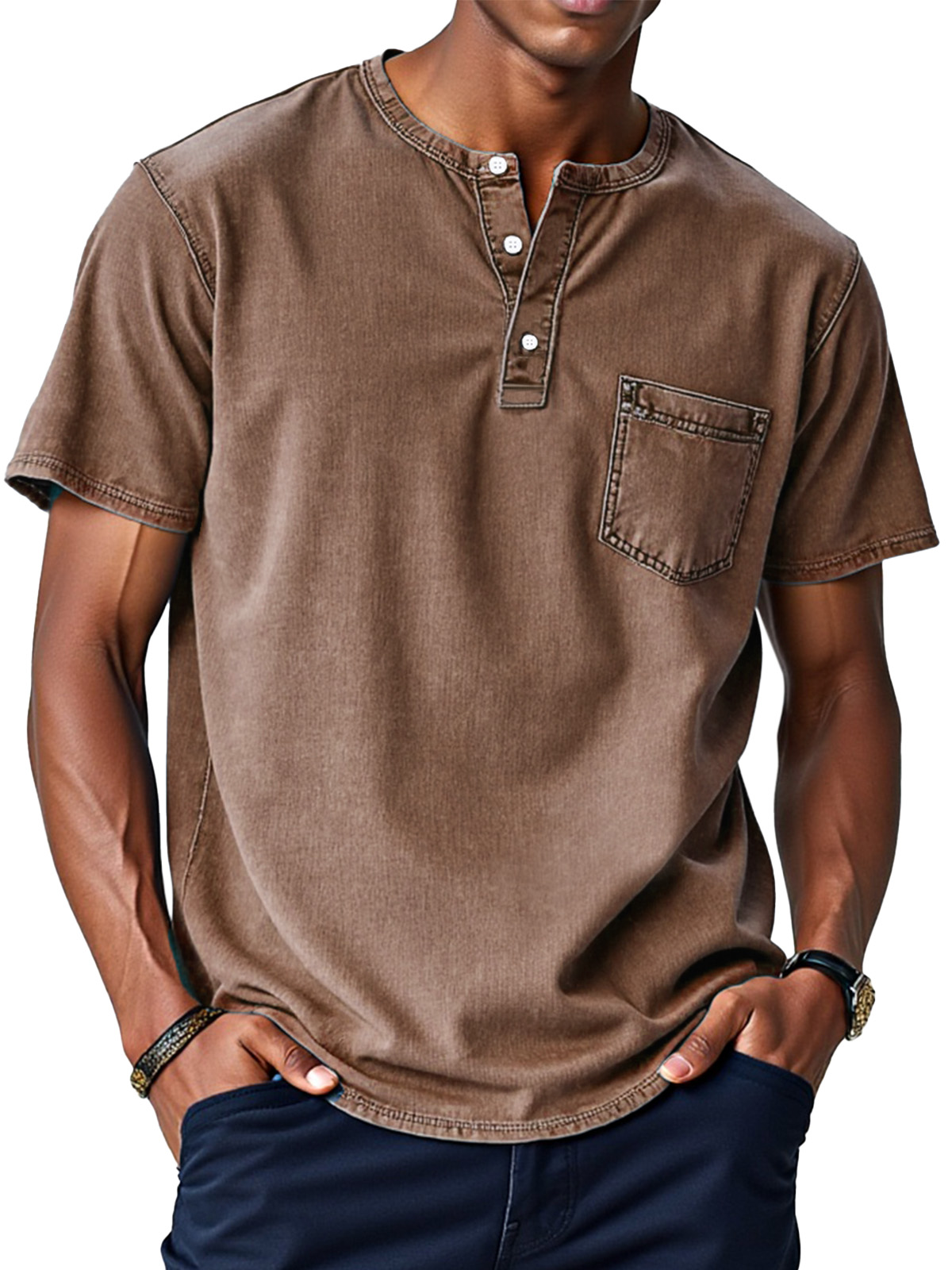 Herren Retro Einfarbig Locker Knopf Stehkragen Kurzarm Henley Shirt