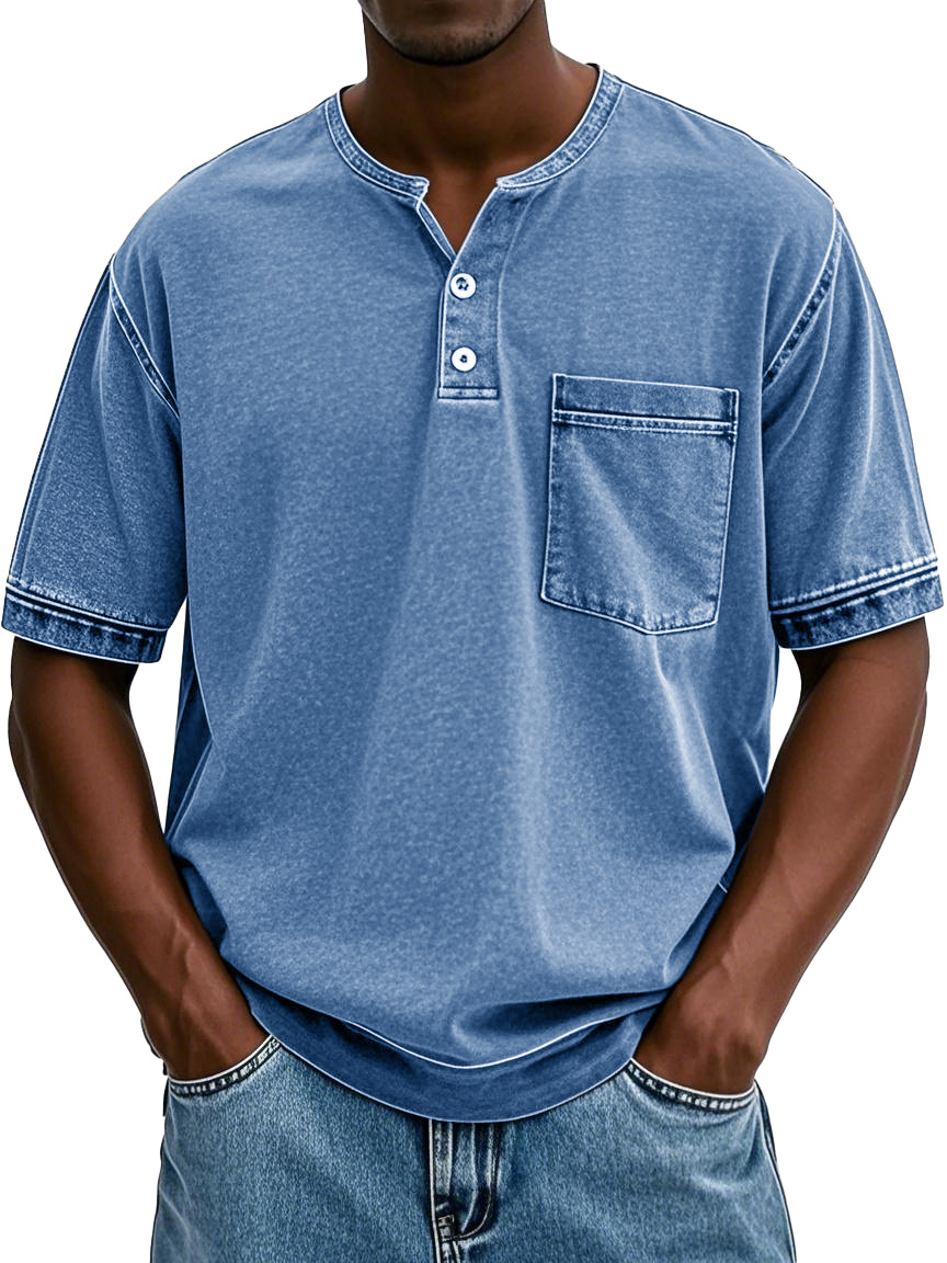 Herrenmode Vintage gewaschenes Taschen Kurzarm Henley-Shirt