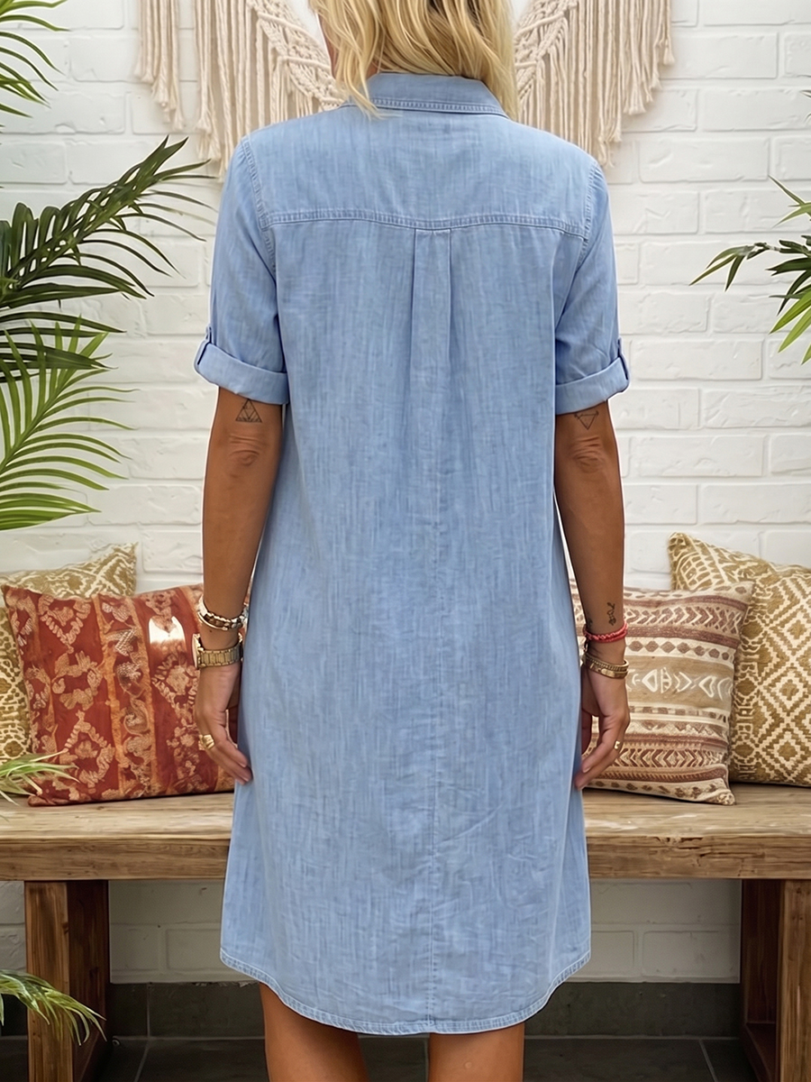 Casual Polo-collar Button-down Denim Dress