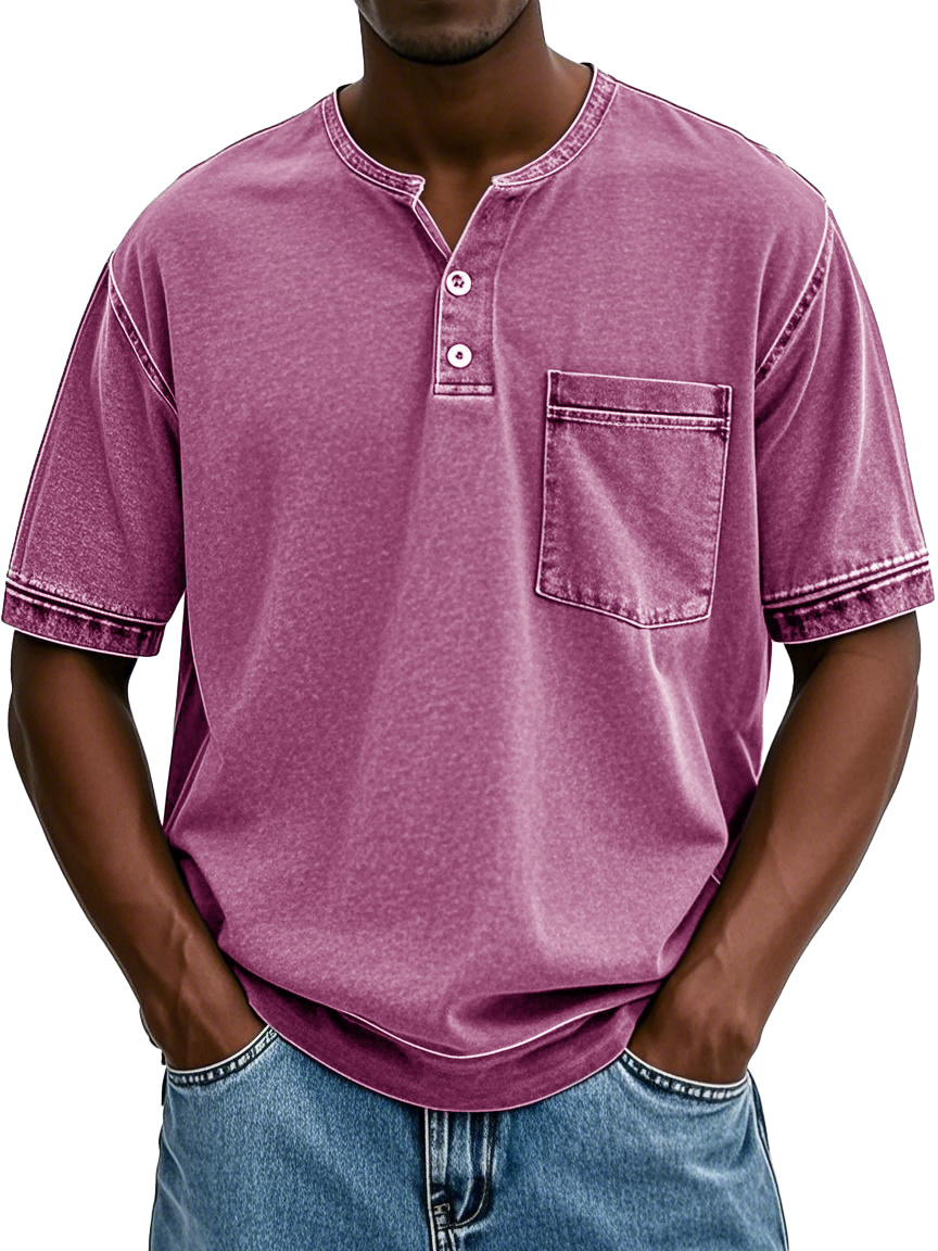 Herrenmode Vintage gewaschenes Taschen Kurzarm Henley-Shirt