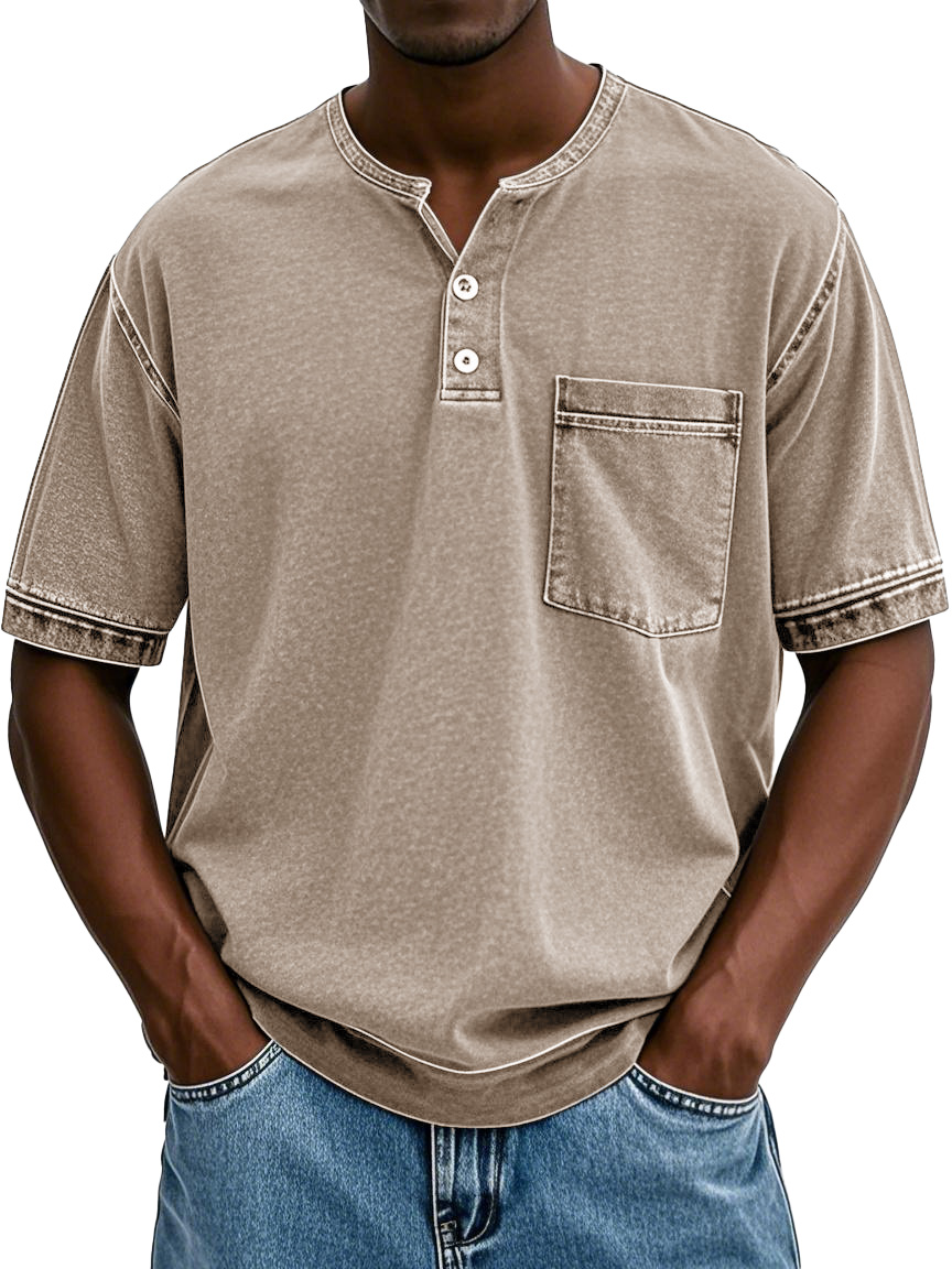Herrenmode Vintage gewaschenes Taschen Kurzarm Henley-Shirt