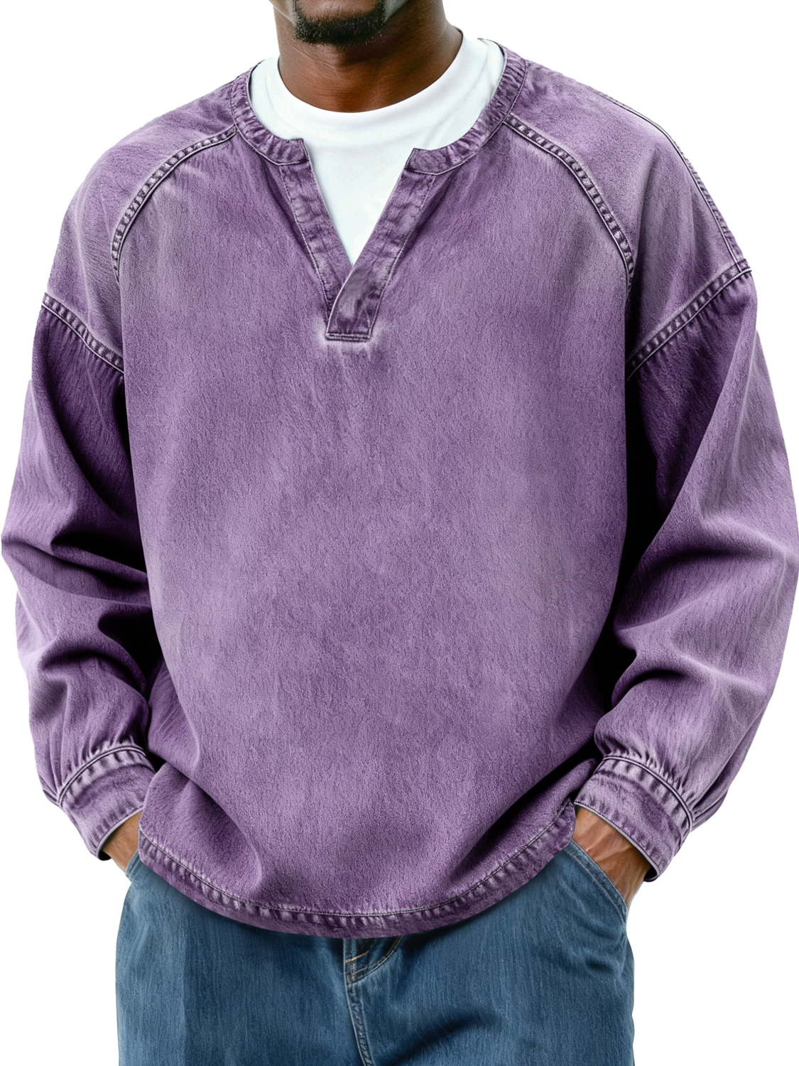 Herren Retro Faux Zwei-Teile Raglan Patchwork Freizeit Langarm T-Shirt