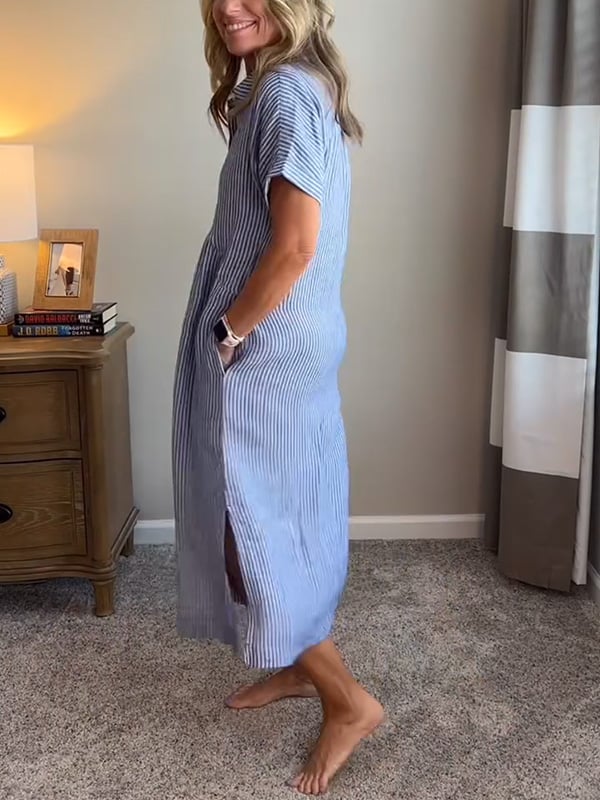 🔥 Gestreiftes Hemdblusenkleid mit Reverskragen und Knopfleiste | Mit praktischen Taschen