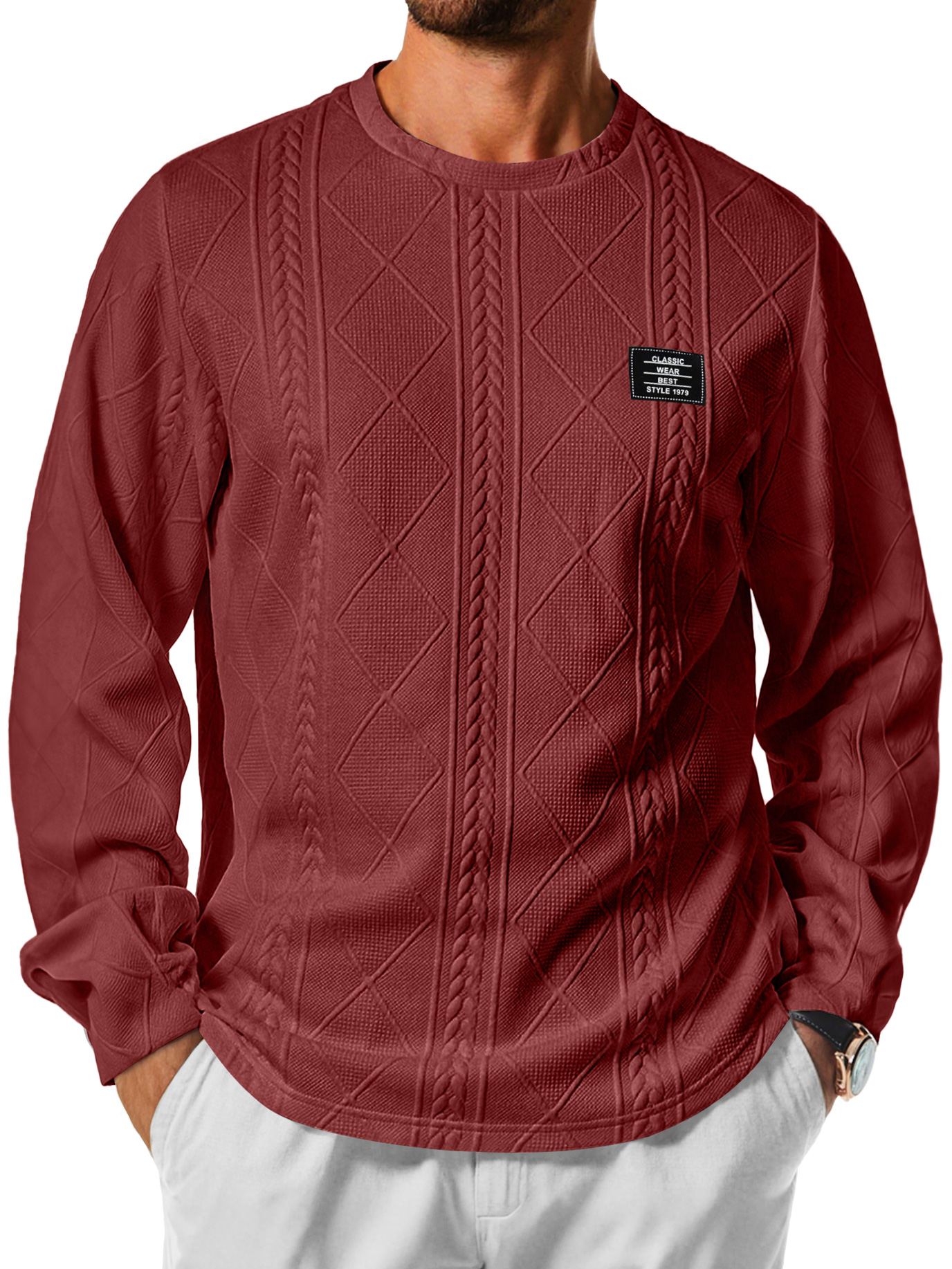 Herren Daily Rundhals Jacquard-Textur Besticktes Logo Lässiges Langarm-T-Shirt