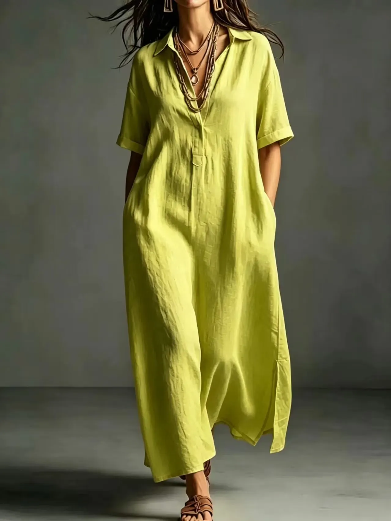 Minimalistisches Maxikleid aus strukturiertem Baumwoll-Leinen-Mix – Sommerkleid für Damen mit halber Knopfleiste, V-Ausschnitt und Taschen
