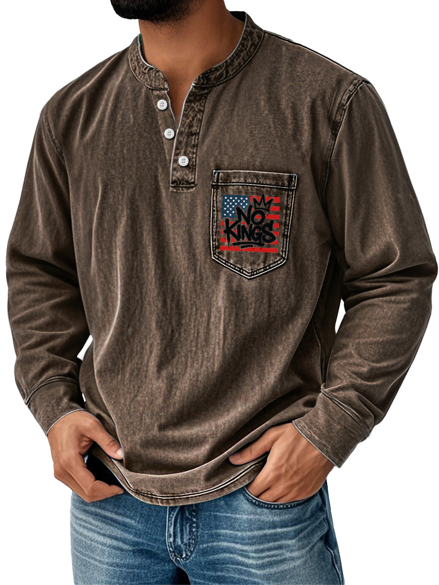 Herren Vintage No Kings Stehkragen Knopf Tasche Lässig Langarm Henley