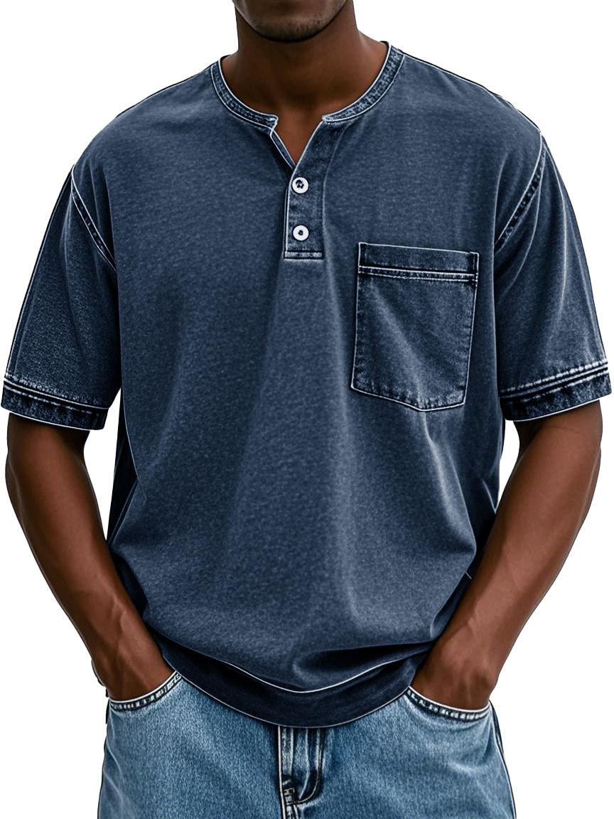 Herrenmode Vintage gewaschenes Taschen Kurzarm Henley-Shirt