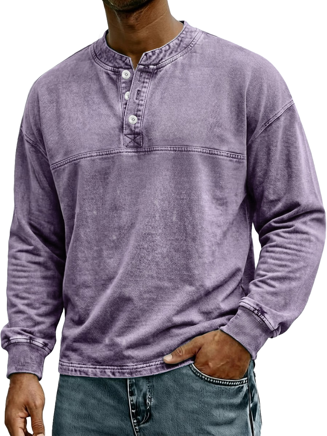 Herren Retro-Stil Stehkragen Knopf Freizeit Langarm Henley Hemd