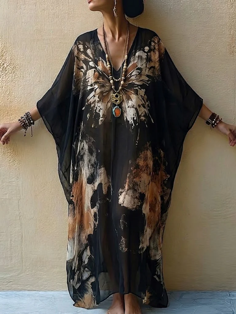 Fließendes Maxi-Kleid im Boho-Stil mit Schmetterlingsmuster