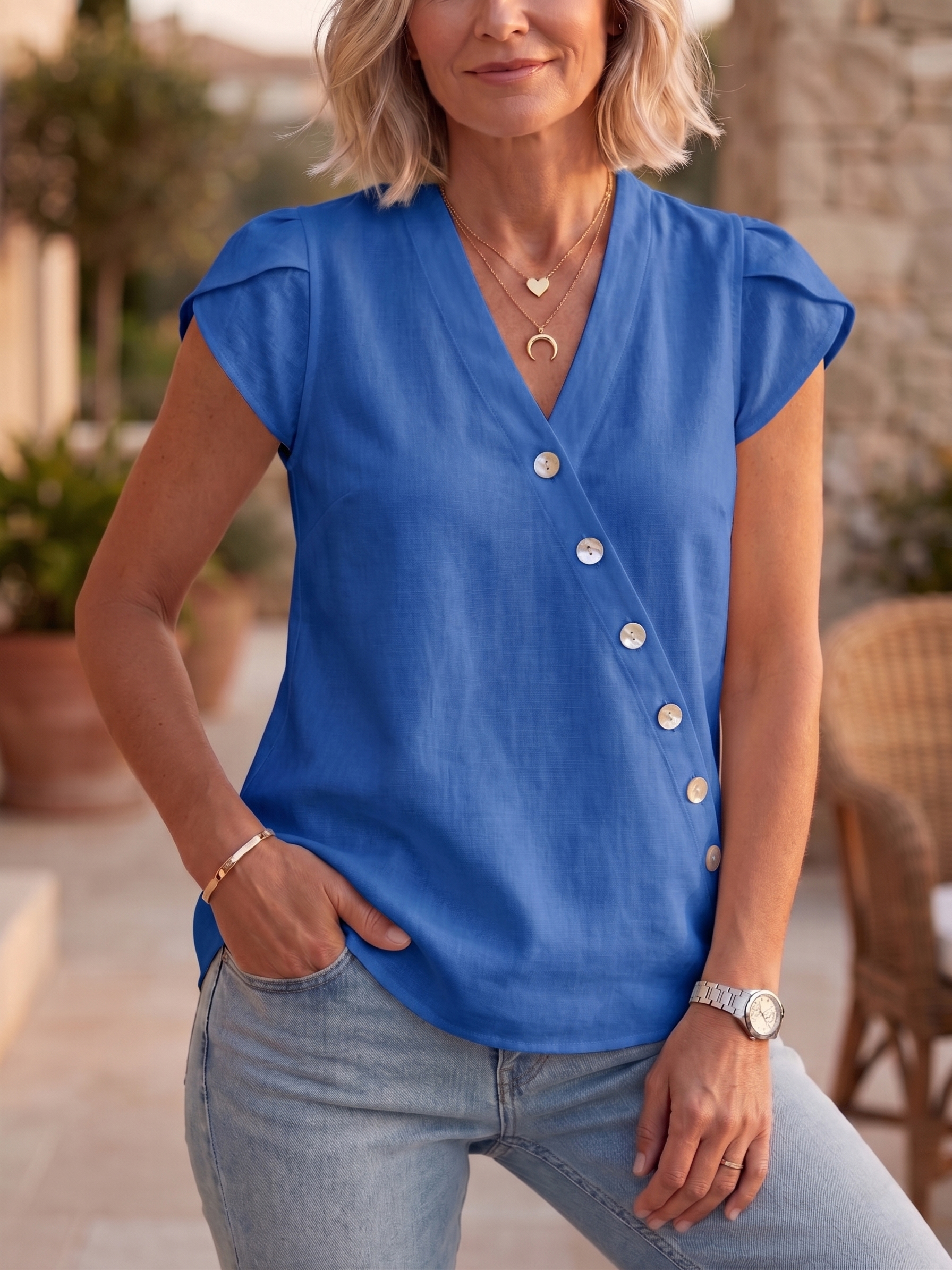 Summer Chic Asymmetric V-Neck Linen Top - Breathable Short Sleeve Blouse