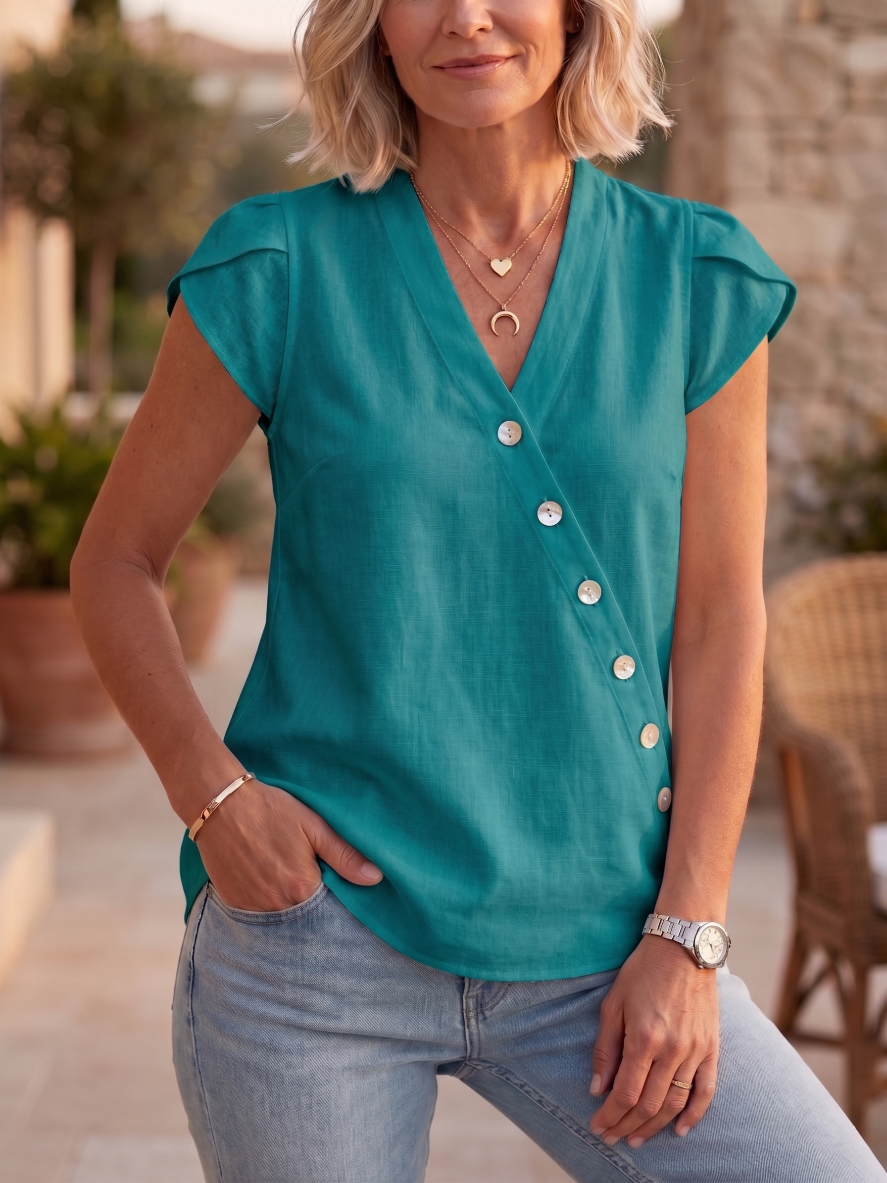 Summer Chic Asymmetric V-Neck Linen Top - Breathable Short Sleeve Blouse
