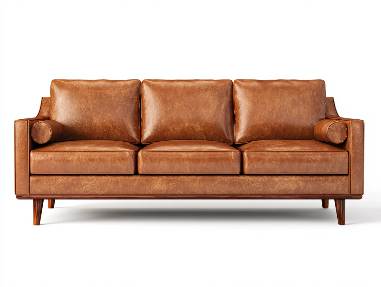 Dreisitzer 234x92x84 cm - Cognacbraun - Wohnzimmer Ledersofa mit drei Sitzkissen und Holzsockel