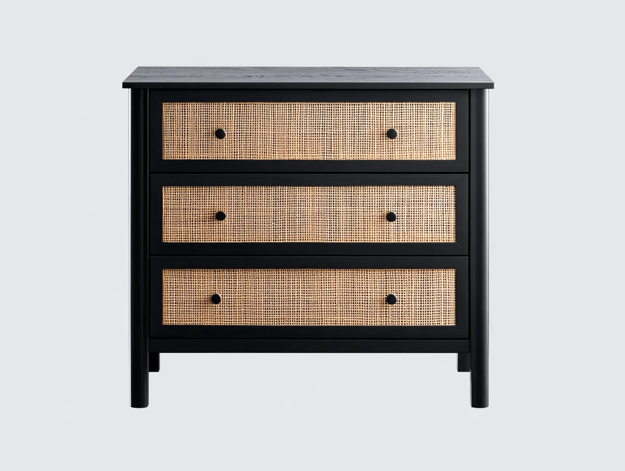 Kommode 82x42x92 cm - Schwarz und Natur - Holzoptik für das Schlafzimmer mit Geflechtfront und klarer Linienführung