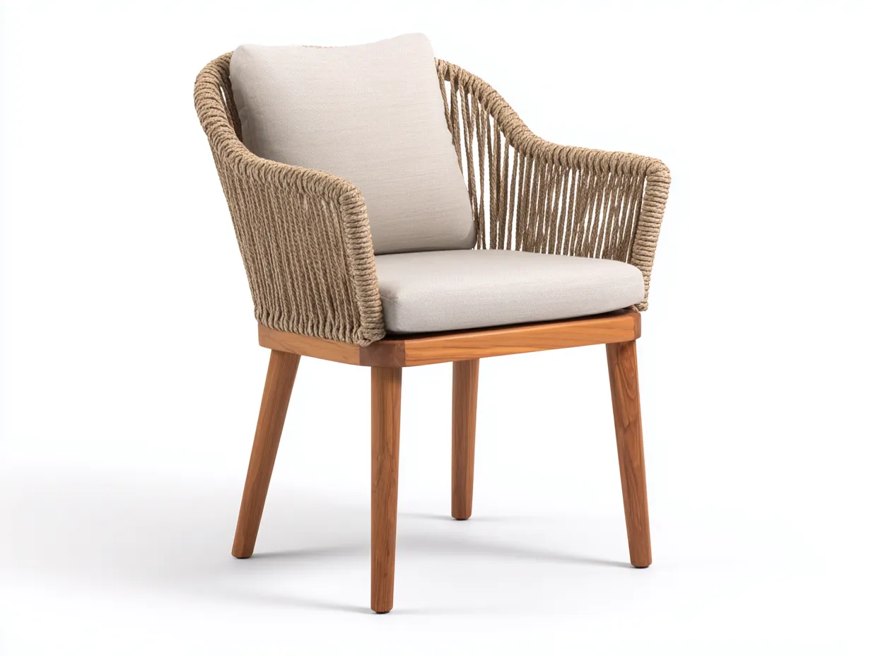 Stuhl mit Seilgeflecht in Naturbeige - Holzgestell - Sitz- und Rückenkissen - für Terrasse und Garten 60x64x83 cm