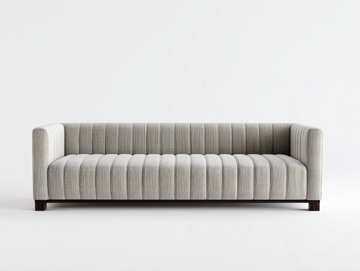 Dreisitzer 240x90x77 cm - Graubeige - Wohnzimmer Sofa mit feiner vertikaler Struktur und dunklem Holzsockel