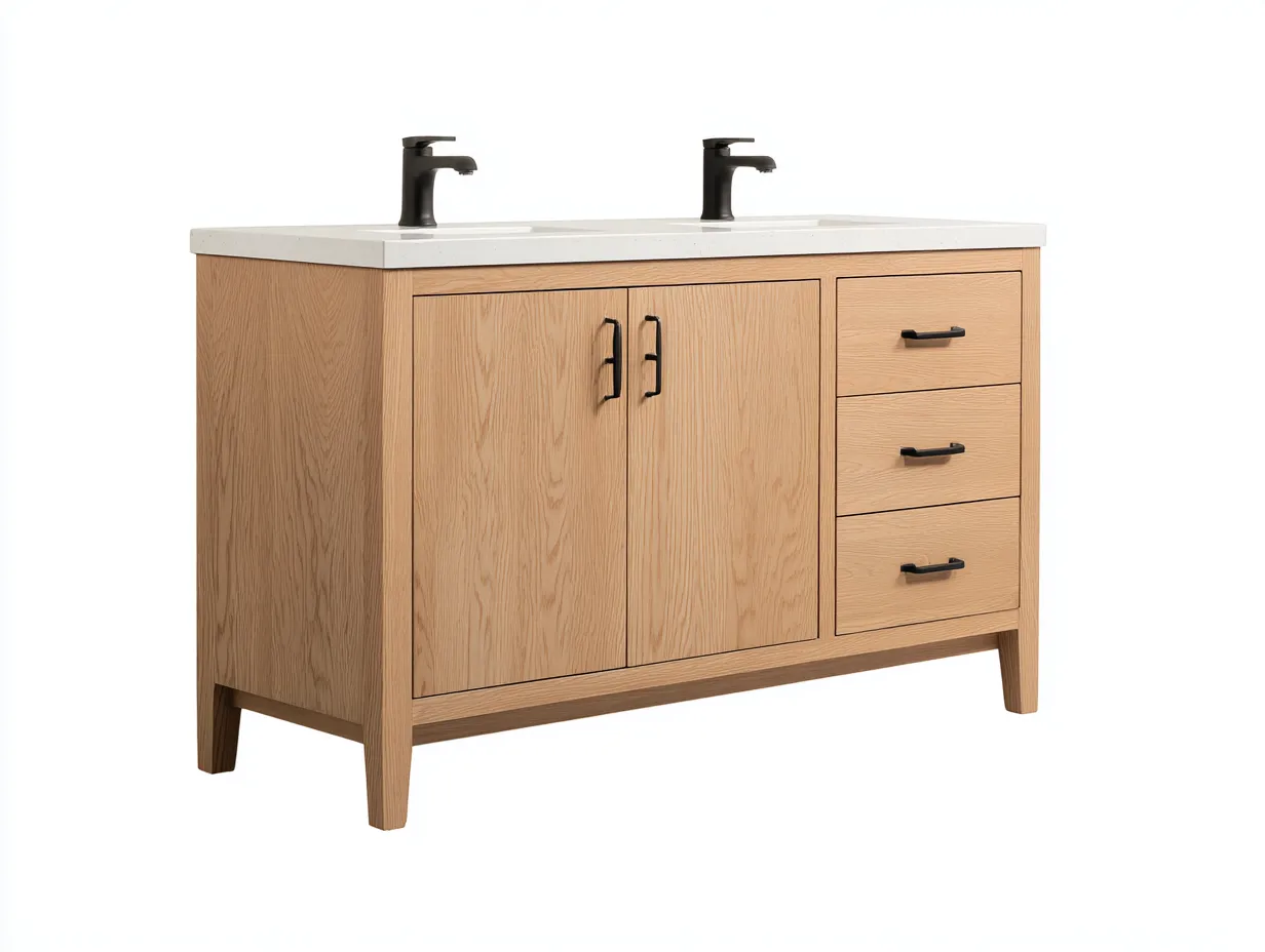 Waschbecken Badmöbel in Eicheoptik mit Doppelbecken - 2 Türen und 3 Schubladen - weiße Platte - für das Badezimmer 123x52x88 cm